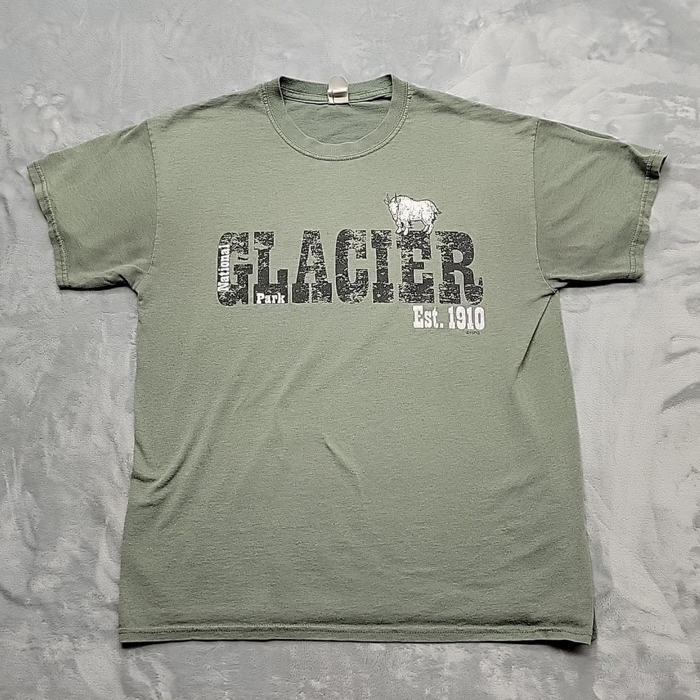 Glacier National Park Shirt Mens L Green Souvenir Mountain Goat Outdoors Hiking